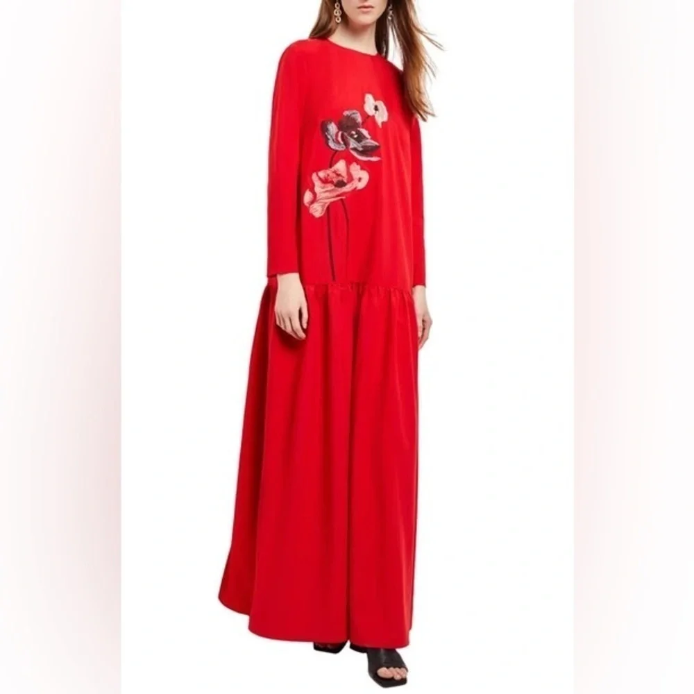 Misook Embroidered Floral Drop Waist Maxi Dress